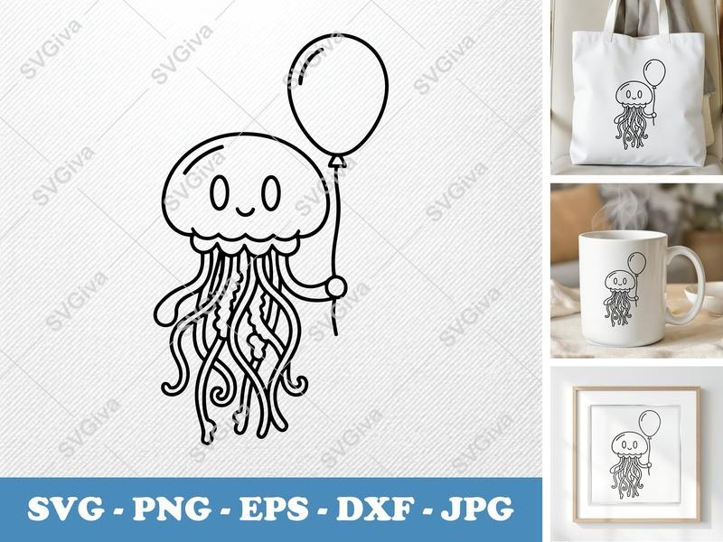 Jellyfish SVG, Cute Jellyfish with Balloon, Line Art PNG EPS DXF for Cricut, Silhouette, Ocean Animal Clipart, Kawaii Sea Creature