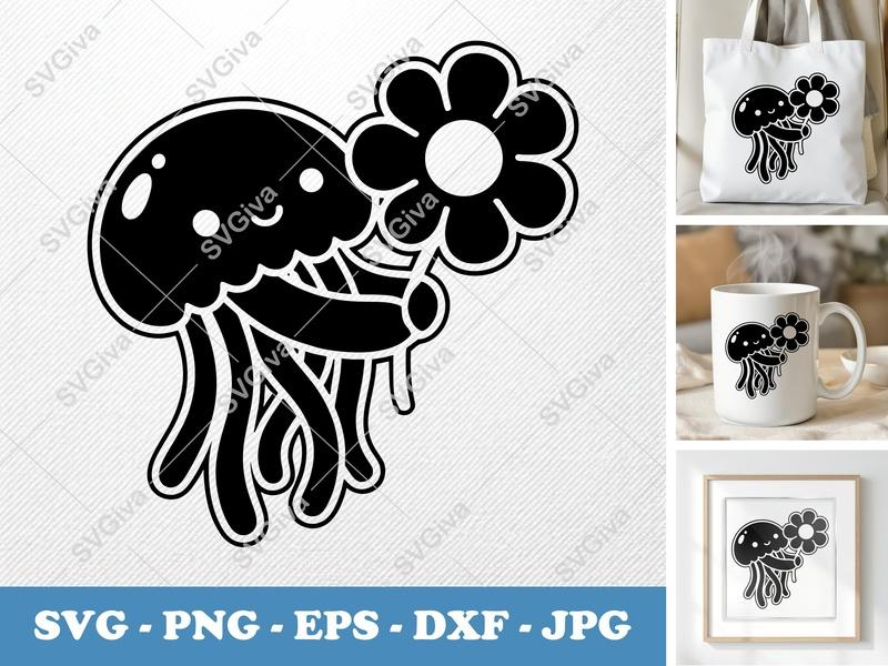 Jellyfish SVG, Cute Jellyfish with Flower, Kawaii Sea Animal, Ocean Life Cut File for Cricut, Silhouette | PNG EPS DXF Vector