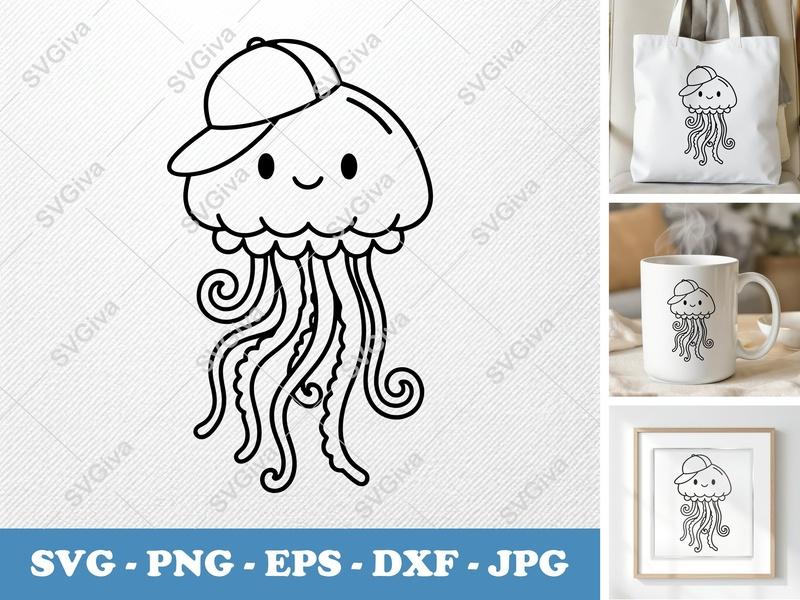 Jellyfish SVG, Cute Jellyfish with Hat, Smiling Sea Animal Outline, PNG EPS DXF, Cricut Silhouette Cut File