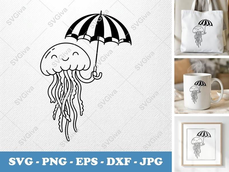 Jellyfish SVG, Cute Jellyfish with Umbrella, Modern Sea Animal PNG EPS DXF for Cricut, Silhouette, Ocean Life Cut File