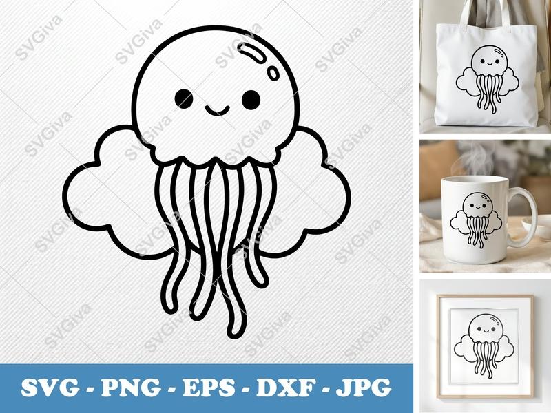 Jellyfish SVG, Cute Kawaii Jellyfish Cut File, Ocean Animal PNG EPS DXF | Cricut Silhouette Design | Cartoon Sea Creature