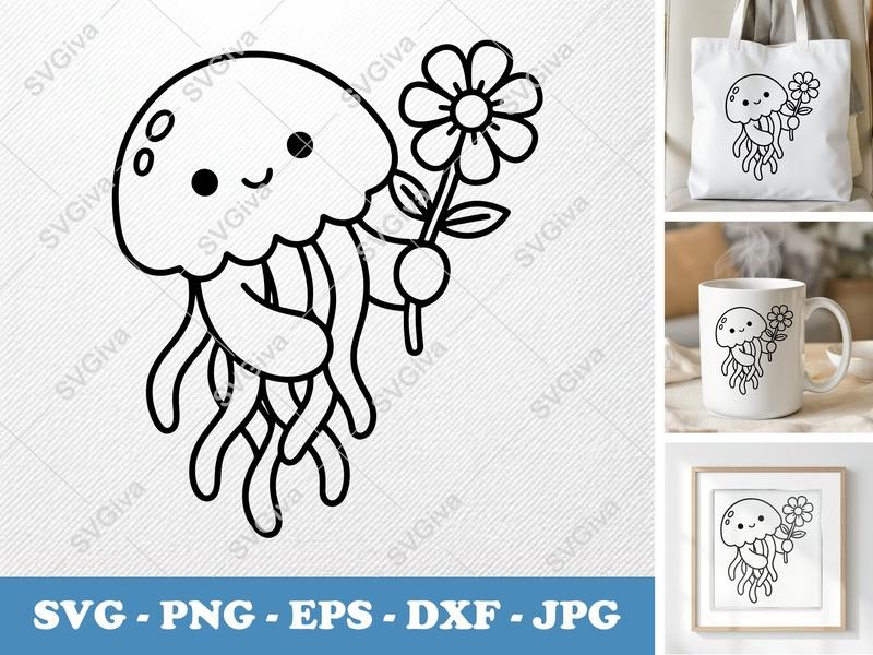 Jellyfish SVG, Cute Kawaii Jellyfish with Flower, Digital Download PNG EPS DXF for Cricut Silhouette