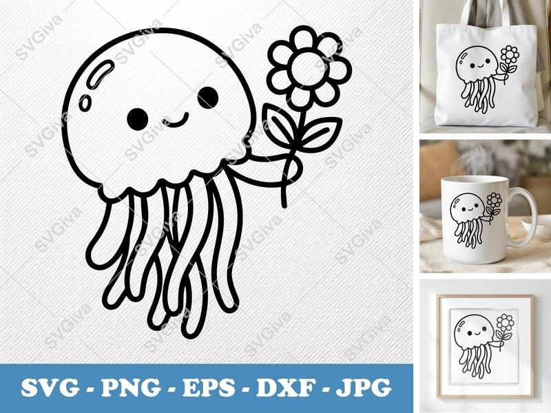 Jellyfish SVG, Cute Kawaii Jellyfish with Flower, Modern Ocean Animal Cut File for Cricut, Silhouette | PNG EPS DXF