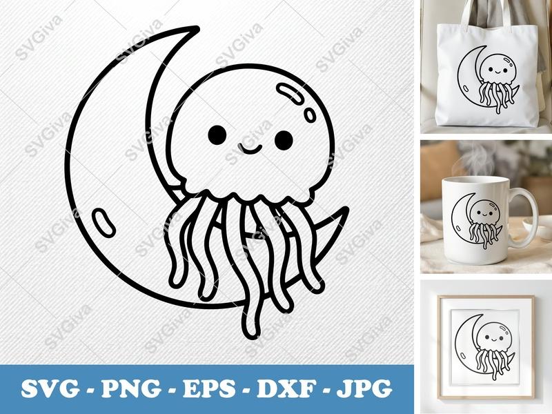 Jellyfish SVG Cute Moon, Kawaii Sea Animal, Ocean Life Clipart | PNG EPS DXF for Cricut, Silhouette, Digital Download