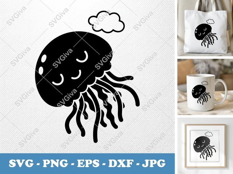 Jellyfish SVG, Cute Simple Jellyfish, Sea Creature Outline, Marine Animal Cut File, PNG EPS DXF for Cricut & Silhouette