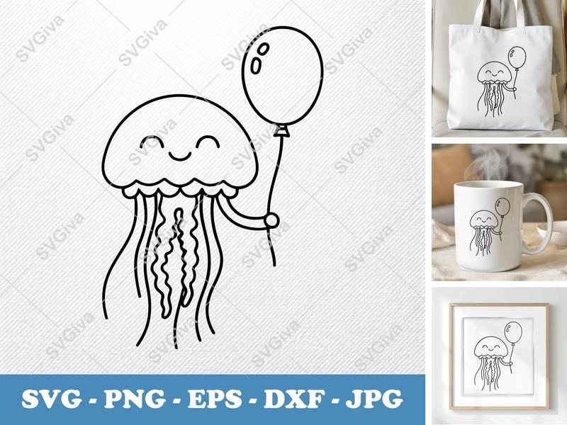 Jellyfish SVG, Cute Smiling Jellyfish with Balloon, Line Art PNG EPS DXF for Cricut & Silhouette, Ocean Animal Clipart