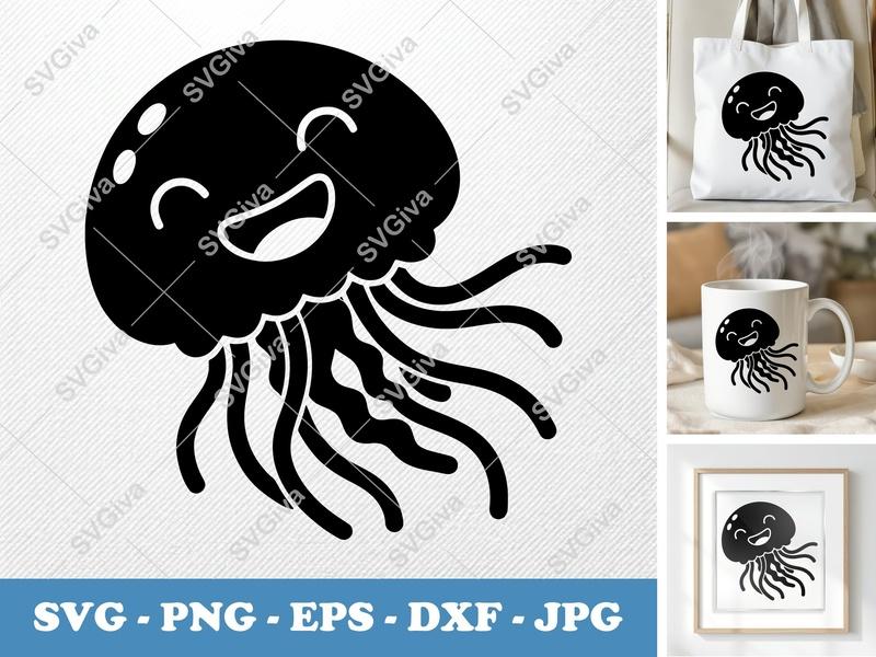 Jellyfish SVG, Cute Smiling Ocean Animal Cut File, Kawaii Sea Creature PNG EPS DXF for Cricut Silhouette, Modern Marine Life Clipart