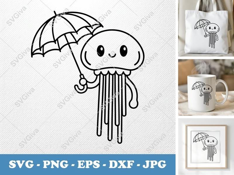 Jellyfish SVG, Cute Umbrella Jellyfish Cut File, Kawaii Sea Animal, Ocean Creature Clipart | PNG EPS DXF for Cricut Silhouette