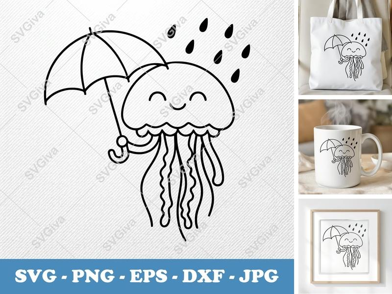 Jellyfish SVG, Cute Umbrella Raindrops, Happy Ocean Animal Cut File, PNG EPS DXF for Cricut Silhouette, Modern Clean Design