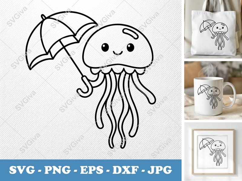 Jellyfish SVG, Friendly Bean-Shaped Jellyfish holding umbrella | Rounded Body, Cute Ocean Animal | PNG DXF EPS | Cricut Silhouette