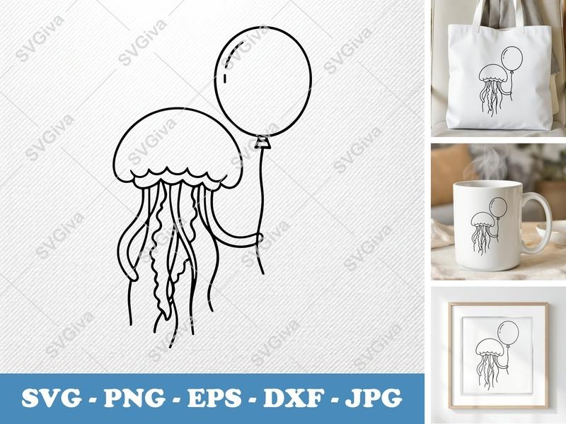 Jellyfish SVG, Modern Balloon Outline PNG, EPS, DXF Cut File for Cricut & Silhouette, Ocean Animal Clipart