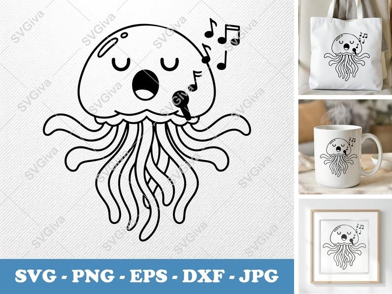 Jellyfish SVG Singing, Cute Sea Animal Cut File for Cricut, Silhouette | Ocean Creature PNG, EPS, DXF | Modern Design