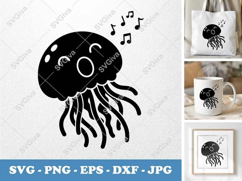 Jellyfish SVG, Singing Jellyfish Cut File, Cartoon Ocean Animal, Music Notes PNG EPS DXF for Cricut, Silhouette