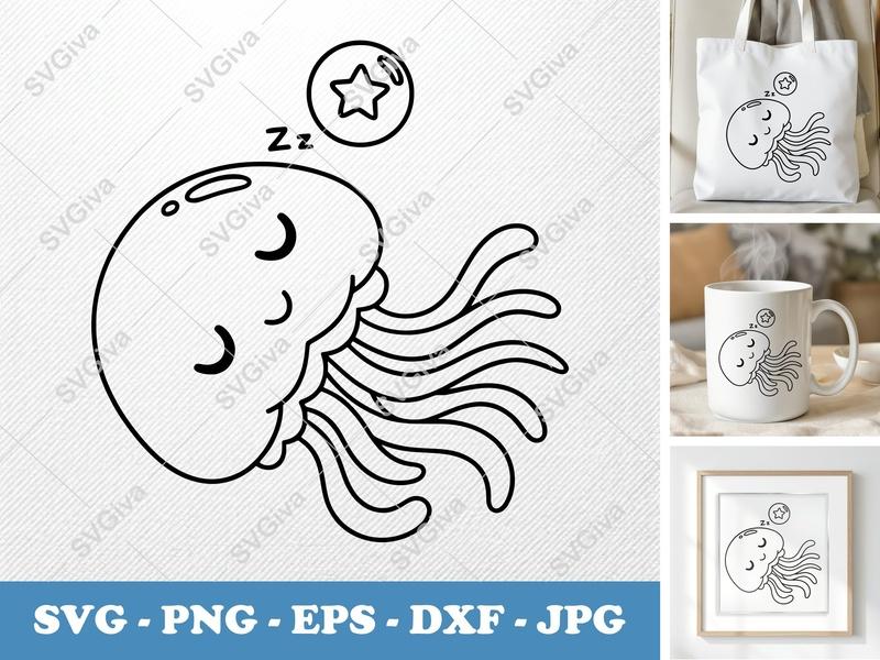 Jellyfish SVG, Sleeping Cute Cartoon Jellyfish with Zz and Star, Ocean Animal PNG EPS DXF for Cricut, Silhouette