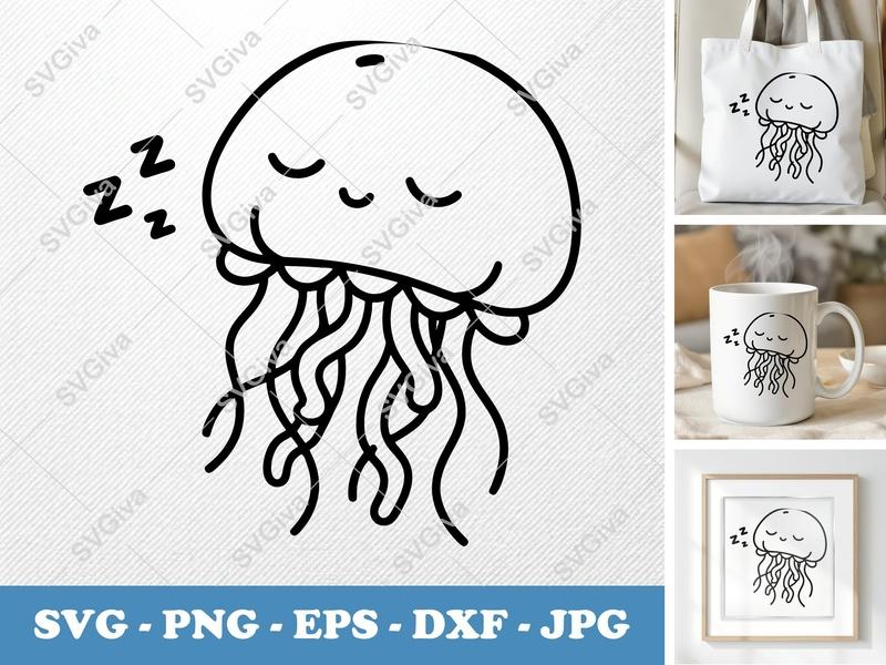 Jellyfish SVG, Sleeping Cute Kawaii Cartoon Jellyfish Cut File, Zzz Tentacles | PNG EPS DXF | Cricut Silhouette
