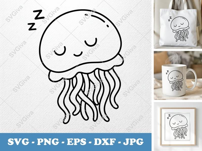 Jellyfish SVG, Sleeping Jellyfish Cut File, Cute Kawaii Jellyfish, Ocean Animal SVG, PNG, EPS, DXF for Cricut & Silhouette