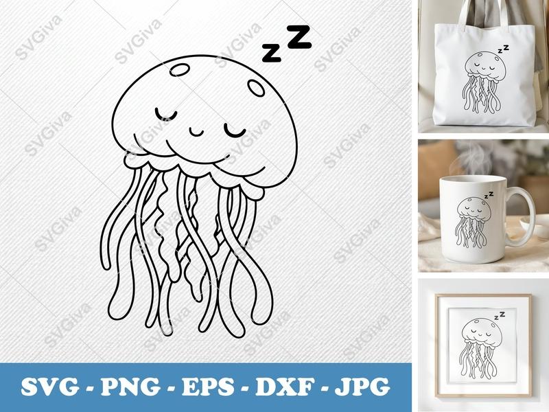 Jellyfish SVG, Sleeping Kawaii Jellyfish Cut File, Cute Aquatic Animal PNG EPS DXF for Cricut & Silhouette, Ocean Creature