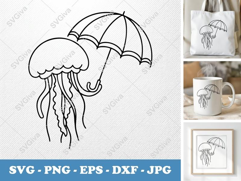 Jellyfish SVG, Umbrella Line Art Cut File, Modern Sea Creature Design, PNG EPS DXF for Cricut & Silhouette