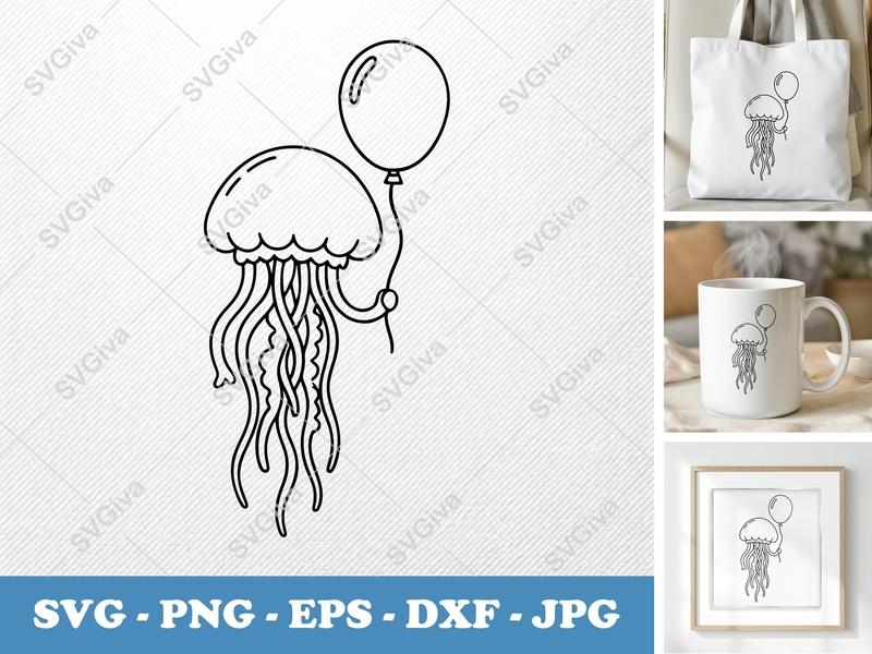 Jellyfish SVG with Balloon | Modern Ocean Sea Life Cut File | PNG EPS DXF for Cricut Silhouette