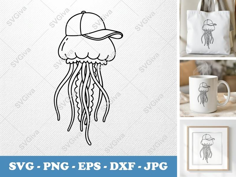Jellyfish SVG with Hat, Modern Clean Design, Sea Animal Cut File | PNG EPS DXF for Cricut Silhouette