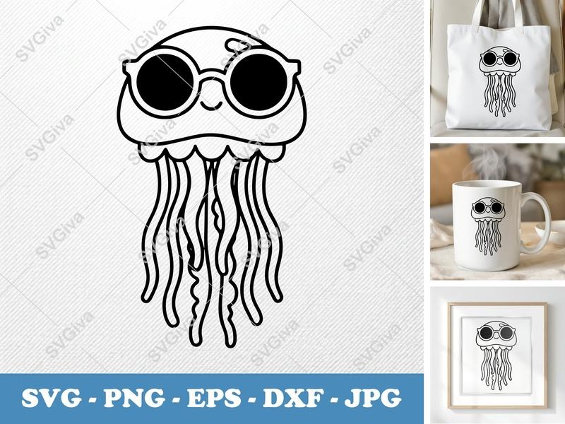 Jellyfish Wearing Sunglasses SVG | Friendly Rounded Body Bean-Shaped Design | PNG DXF EPS | Cricut Silhouette File