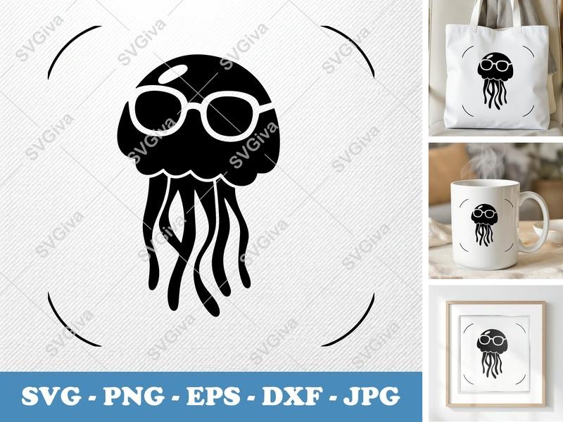 Jellyfish wearing sunglasses SVG | Puffy Soft Shapes PNG DXF EPS | Cricut Silhouette Ocean Animal