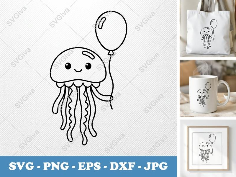 Jellyfish with Balloon SVG | Friendly Rounded Body Bean-Shaped Forms | PNG DXF EPS | Cricut Silhouette Cut File