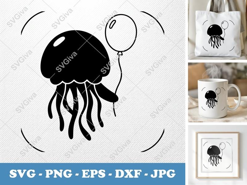 Jellyfish with Balloon SVG | Puffy Soft Shapes Cut File | PNG DXF EPS | Cricut Silhouette Ocean Art