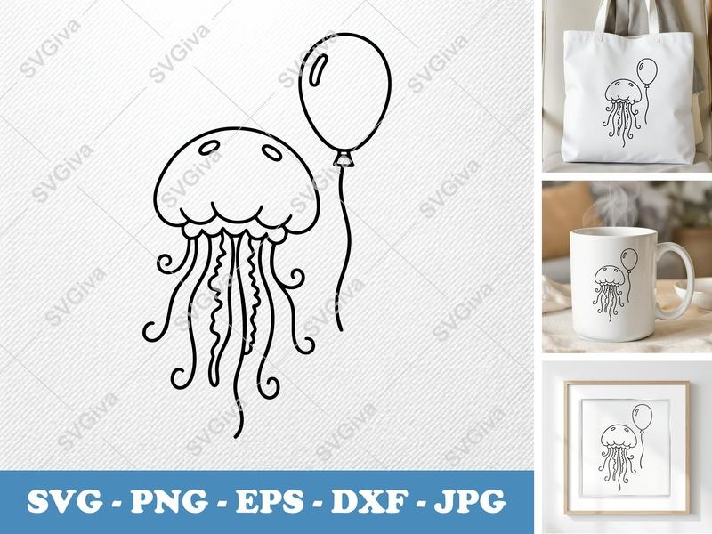 Jellyfish with Balloon SVG | Simple Character Outline | PNG DXF EPS | Cricut Silhouette Cut File