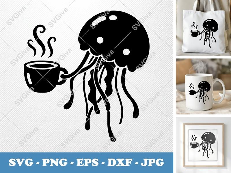 Jellyfish with Coffee Cup SVG | Puffy Soft Shapes PNG DXF EPS | Cricut Silhouette | Ocean Sea Life Coffee Lover Cut File