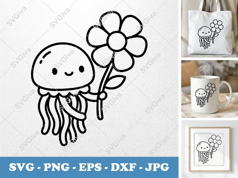 Jellyfish with Flower SVG | Friendly Rounded Body Bean-Shaped Forms | PNG DXF EPS | Cricut Silhouette