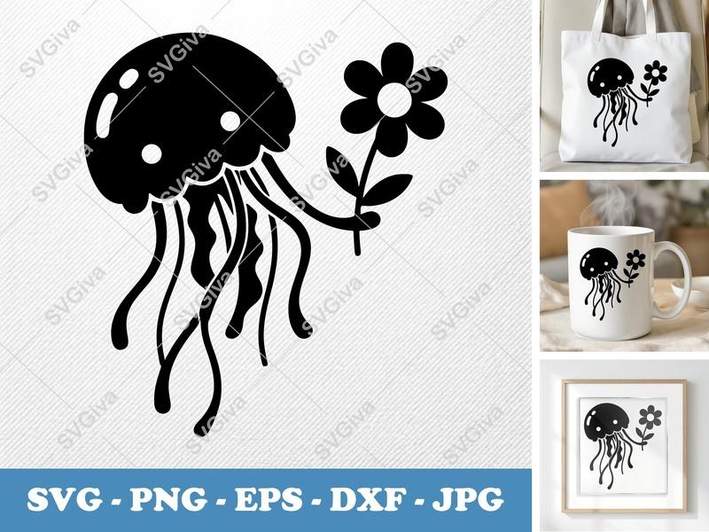 Jellyfish with Flower SVG | Puffy Soft Shapes PNG DXF EPS | Cricut Silhouette File