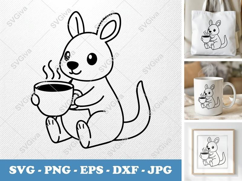 Kangaroo Coffee SVG, Cute Animal Hot Drink PNG, EPS, DXF | Modern Cut File for Cricut, Silhouette | Digital Design