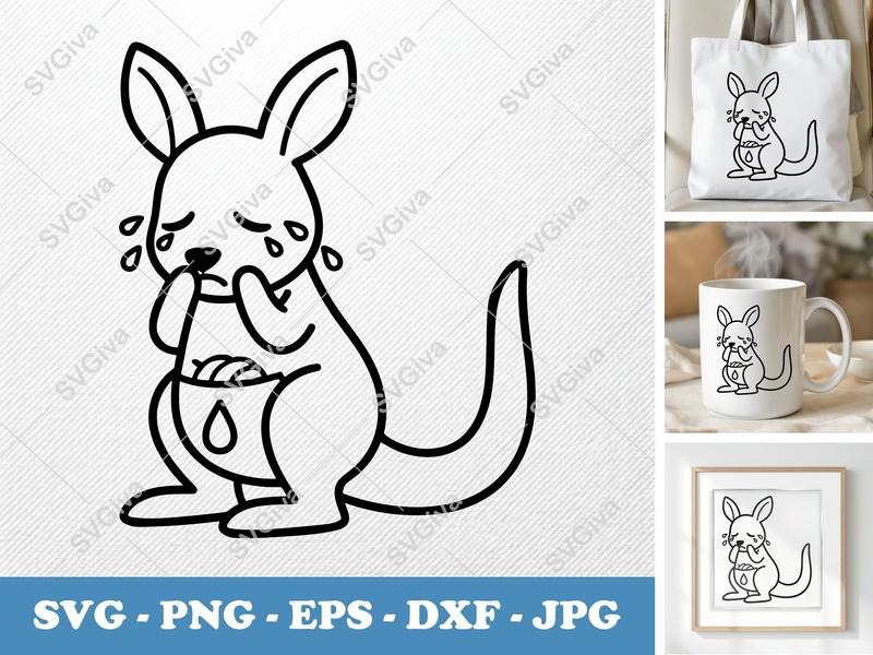Kangaroo Crying SVG, Sad Kangaroo PNG, Baby Animal EPS, Cute Crying DXF | Cricut & Silhouette Cut File