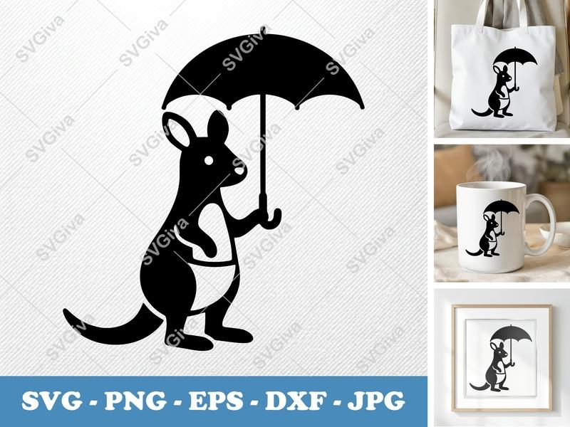 Kangaroo Holding Umbrella SVG, Puffy Shapes Vector, PNG DXF EPS | Cricut Silhouette File