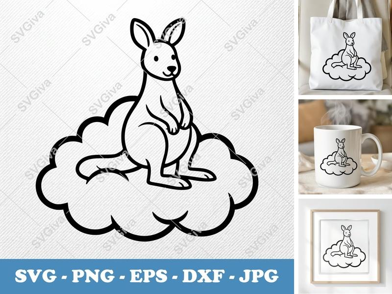 Kangaroo on Cloud SVG | Friendly Bean-Shaped Cut File | PNG DXF EPS | Cricut Silhouette Ready