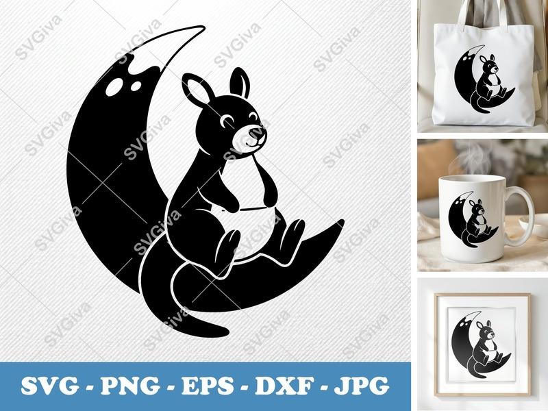 Kangaroo on Moon SVG | Puffy Cartoon Design | Pillow-Soft Cut File for Cricut, Silhouette | PNG, DXF, EPS