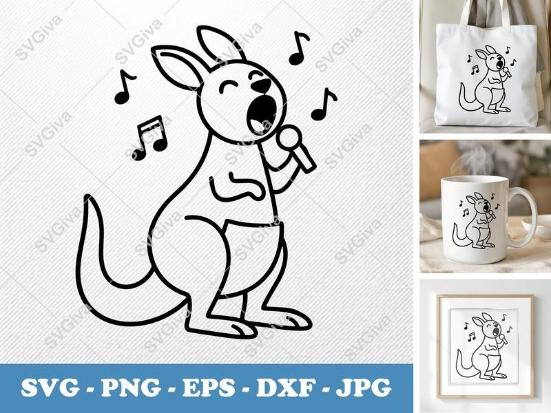 Kangaroo Singing SVG | Music Notes PNG, EPS, DXF | Cute Animal Cut File for Cricut, Silhouette | Modern Outline Design