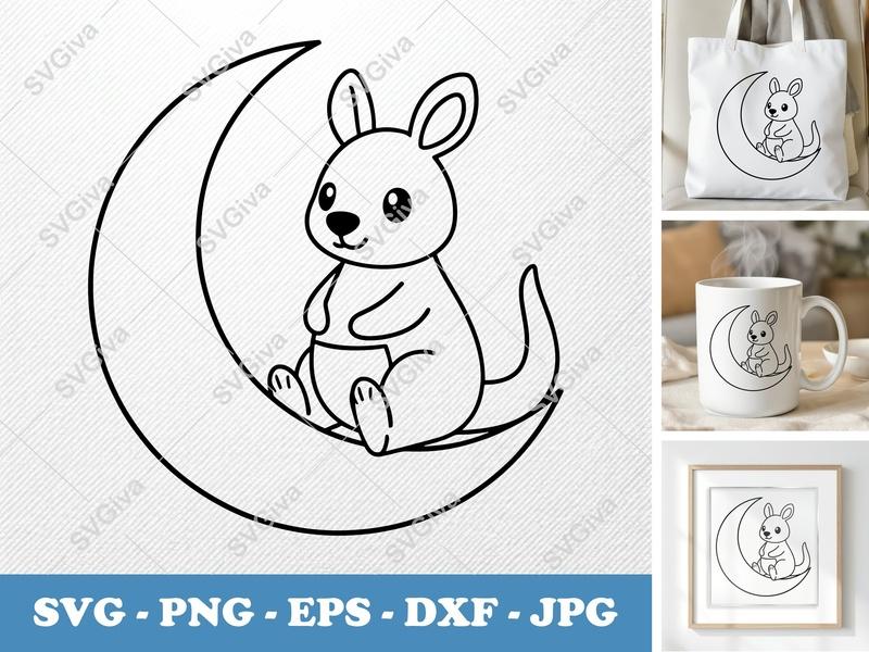 Kangaroo SVG | Baby Kangaroo on Moon | Cute Animal Cut File PNG EPS DXF for Cricut, Silhouette | Kids Nursery Decor