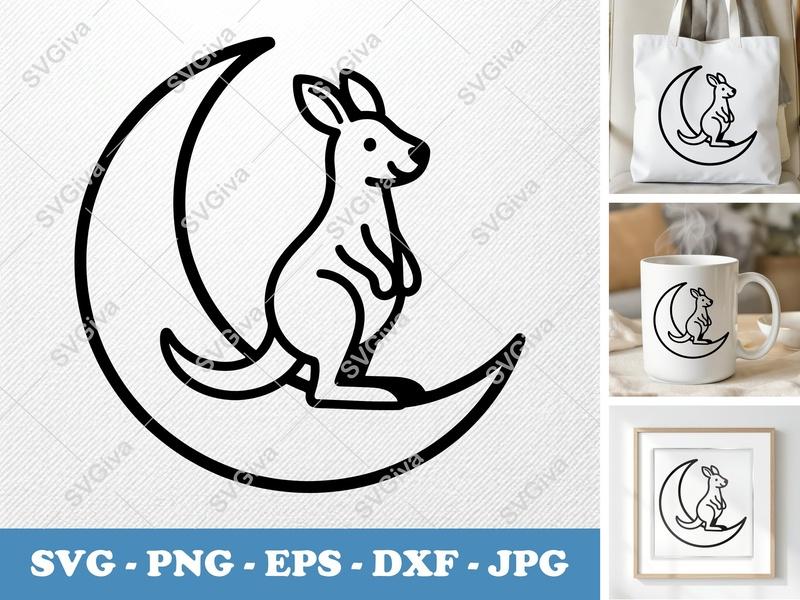 Kangaroo SVG | Clean Line Art, Moon Animal | PNG EPS DXF for Cricut, Silhouette | Modern Vector Cut File