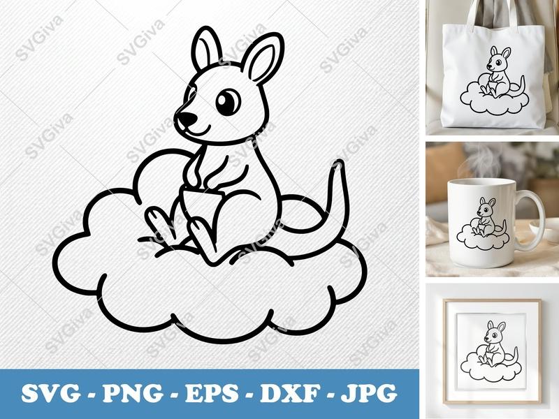 Kangaroo SVG, Cute Animal Cloud Design, PNG, EPS, DXF | Cricut & Silhouette Cut File, Modern Baby Nursery Art