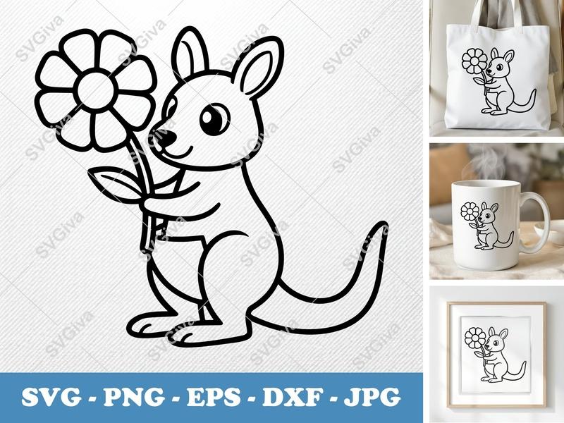 Kangaroo SVG, Cute Flower Kangaroo, Cartoon Animal Cut File, PNG EPS DXF for Cricut, Silhouette, Kids Craft, Pouch
