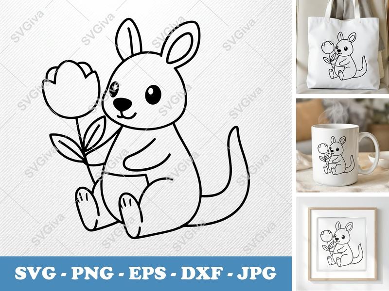 Kangaroo SVG | Cute Joey Holding Flower | Modern Clean Line Art PNG EPS DXF | Cricut Silhouette File | Animal Clipart | Baby Gift