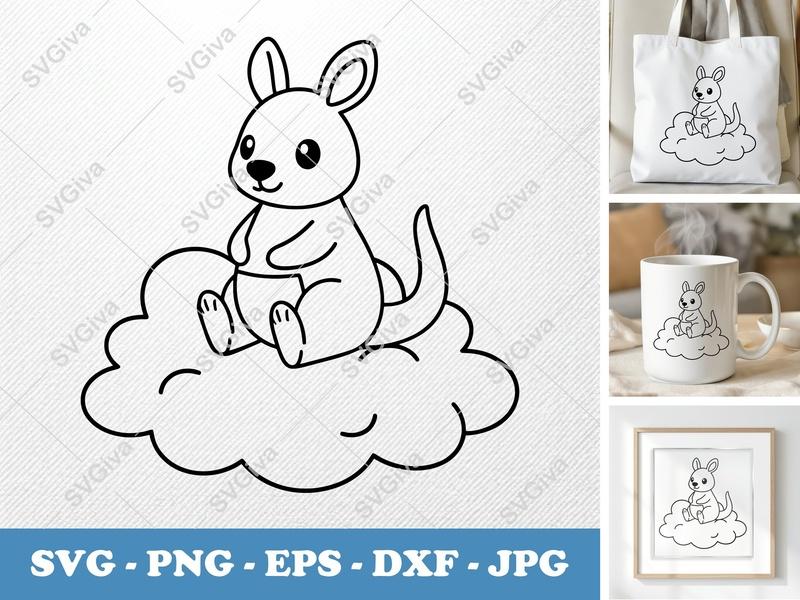 Kangaroo SVG, Cute Kangaroo on Cloud, Modern Clean Design | PNG EPS DXF | Cricut & Silhouette Cut File