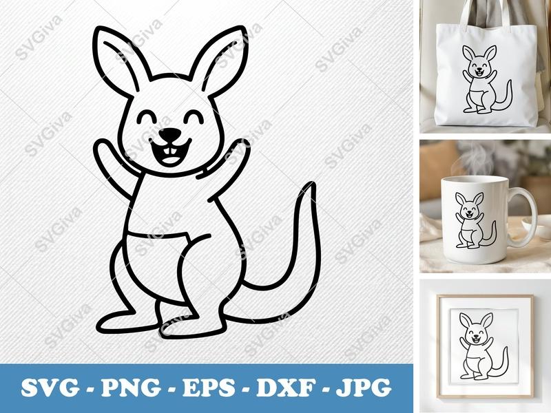 Kangaroo SVG | Happy Cartoon Kangaroo Cut File | PNG EPS DXF for Cricut, Silhouette | Cute Animal Vector Art
