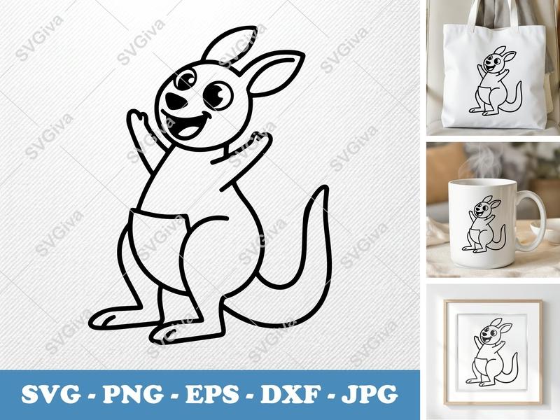 Kangaroo SVG | Modern Cartoon | Happy Kangaroo Line Art | PNG EPS DXF | Cricut Silhouette File