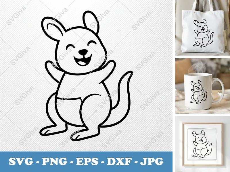 Kangaroo SVG | Modern Cartoon Happy Outline | PNG EPS DXF | Cricut Silhouette Cut File | Cute Nursery Decor Animal