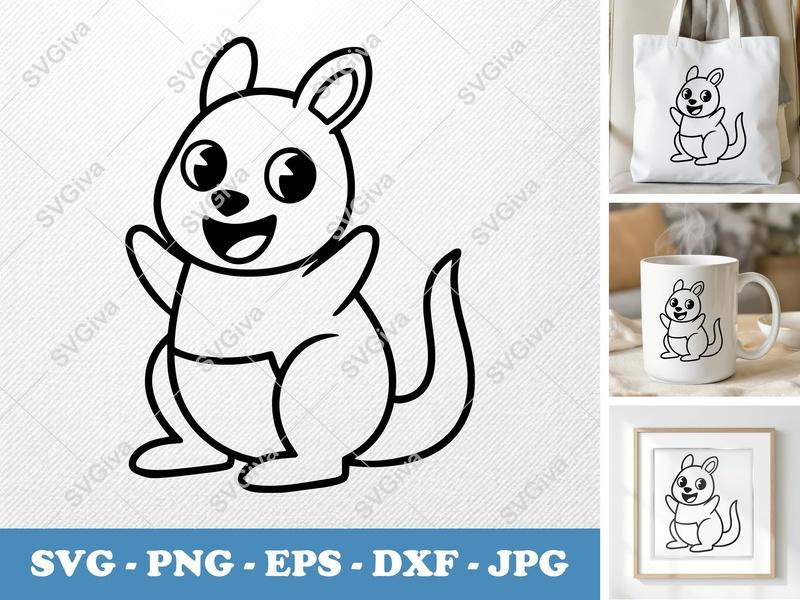 Kangaroo SVG | Modern Cartoon Outline | PNG EPS DXF | Cricut Silhouette File | Cute Animal Clipart Vector Cut