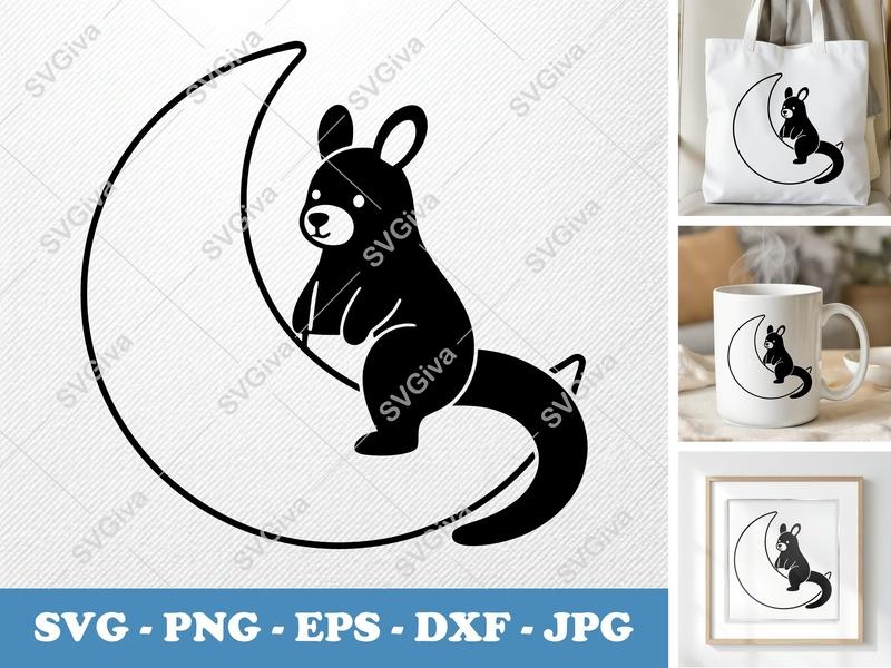 Kangaroo SVG on Moon | Cute Animal Cut File PNG EPS DXF | Modern Cricut Silhouette Design | Baby Nursery Clipart