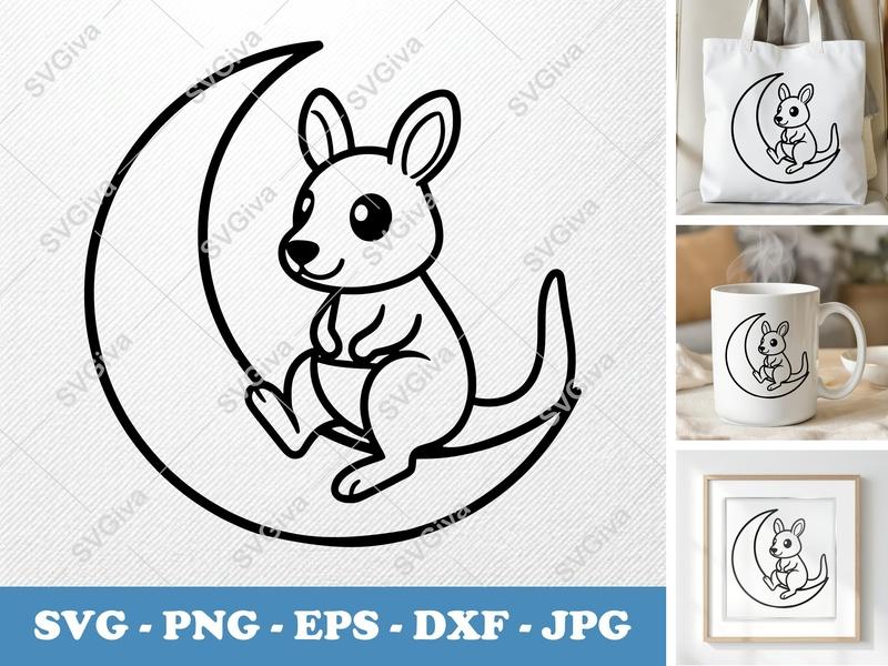 Kangaroo SVG on Moon | Cute Joey Clip Art | Modern Clean Design | PNG EPS DXF | Cricut Silhouette File Instant Download